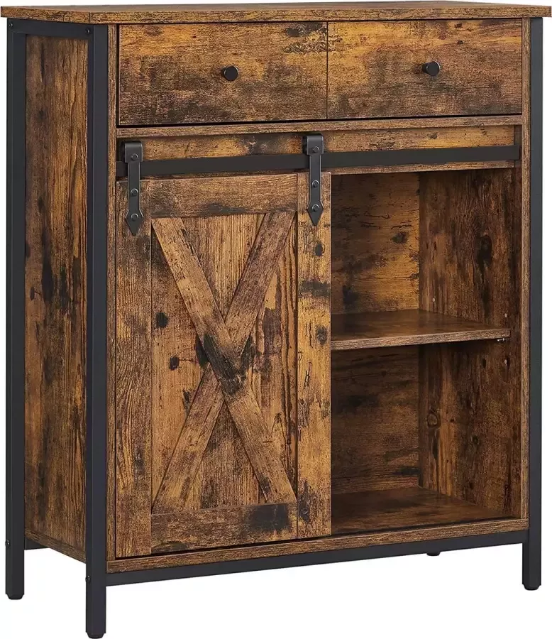 Hoppa! dressoir met lade keukenkast ladekast met schuifdeur in landelijke stijl industrieel ontwerp vintage bruin-zwart
