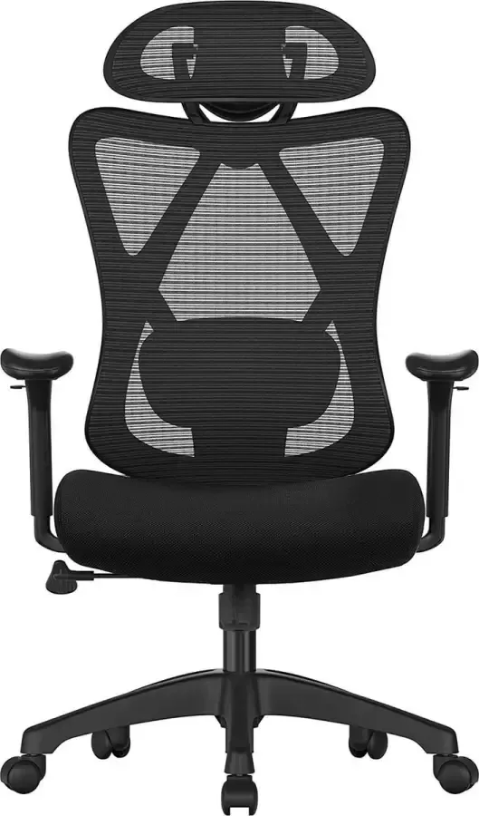Hoppa! Ergonomische bureaustoel computerstoel gaasstoel verstelbare lendensteun en hoofdsteun maximale belasting 150 kg in hoogte verstelbaar zwart