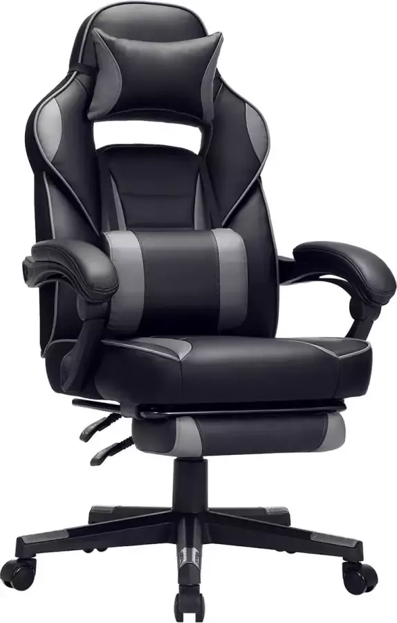 Hoppa! Gaming chair bureaustoel met voetsteun bureaustoel met hoofdsteun en lendenkussen in hoogte verstelbaar ergonomisch 90-135° kantelhoek tot 150 kg draagvermogen zwart-grijs