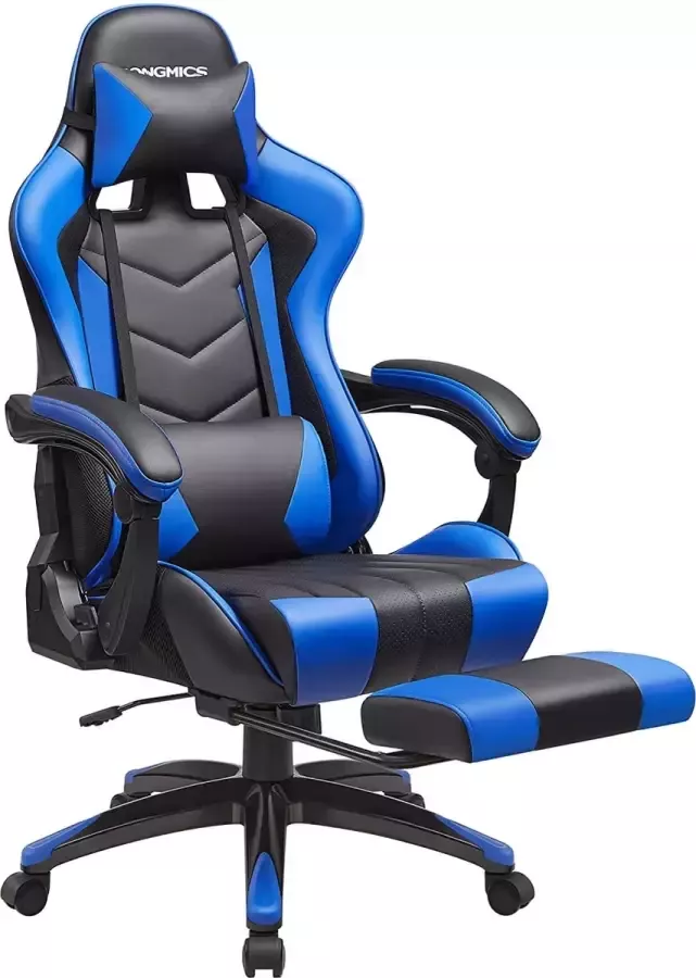 Hoppa! Gamingstoel ergonomische bureaustoel uittrekbare voetsteun 90-135 kantelhoek belastbaar tot 150 kg zwart-blauw