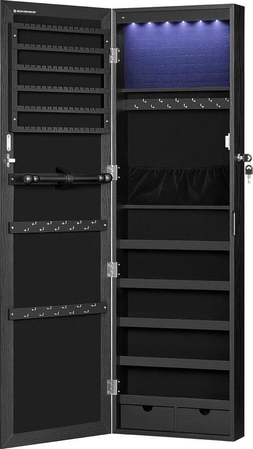 Hoppa! 6 LED's spiegel sieradenkast Zwart MDF 10 x 37 x 120 cm