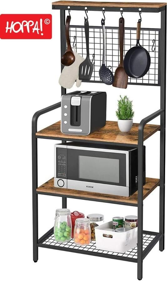 Hoppa! Bakkersrek Keukenrek Keukenkast Opbergkast Magnetronstandaard Rustiek Bruin 64 x 40 x 170 cm (B x D x H)