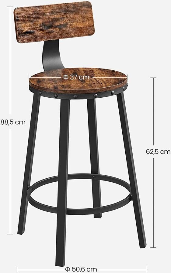 Hoppa! Barkruk set van 2 barkrukken keukenstoelen met metalen frame zithoogte 62.5 cm eenvoudige montage industrieel ontwerp vintage bruin-zwart