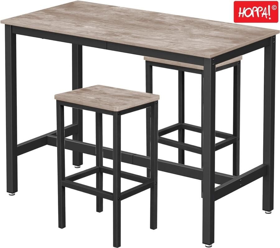 Hoppa! Bartafel- en barkrukkenset Greywash en zwart Bartafel 120×60×90 cm 2 barkrukken 30×40×65 cm (L×B×H)