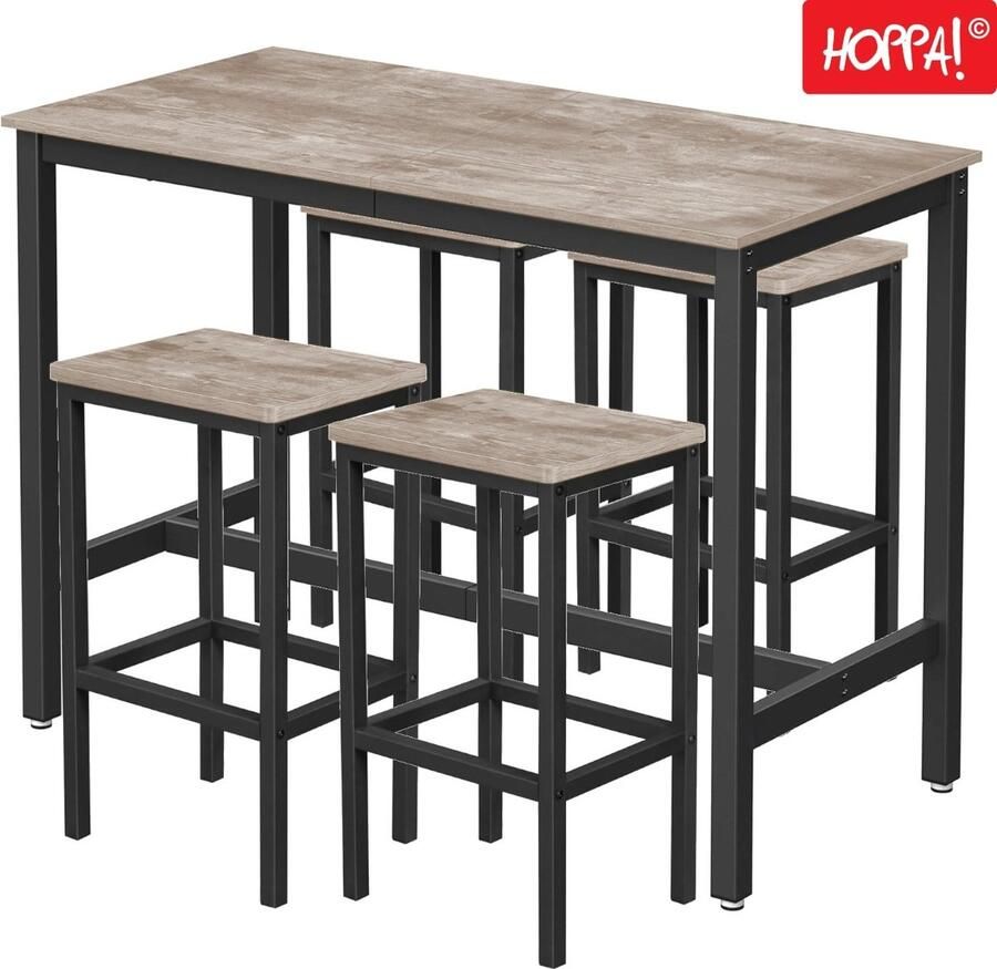 Hoppa! Bartafel- en barkrukkenset Greywash en zwart Bartafel 120×60×90 cm 4 barkrukken 30×40×65 cm (L×B×H)