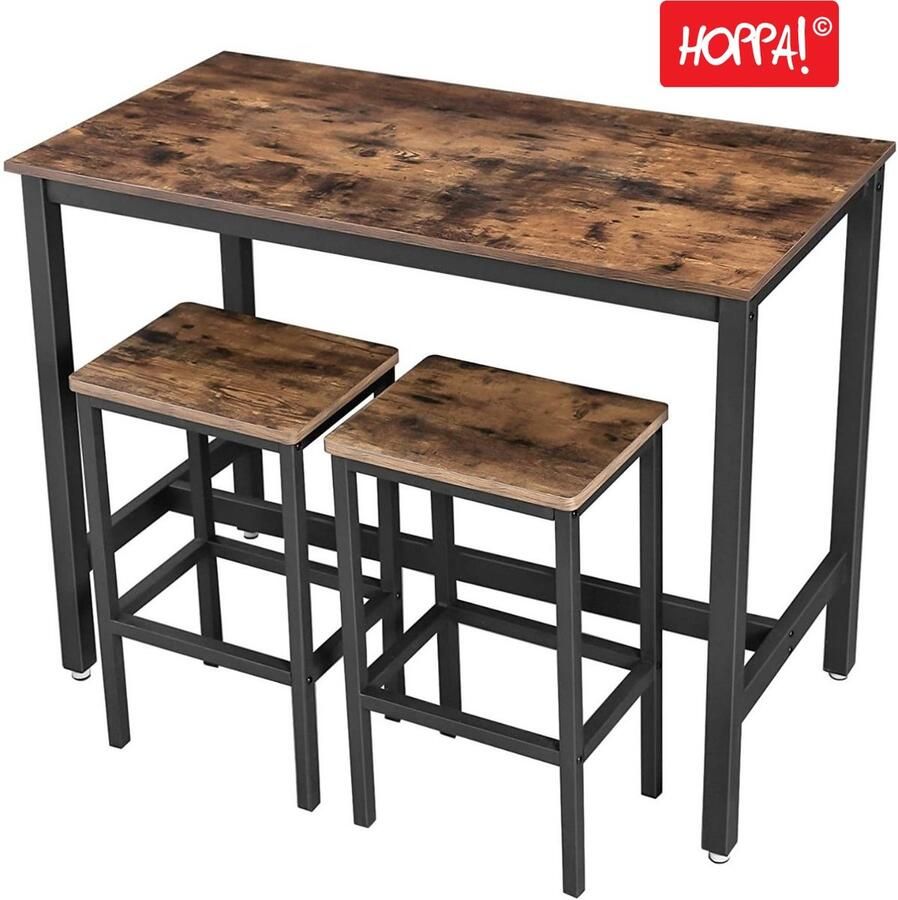 Hoppa! Bartafel Met Barstoelen Bartafelset Met 2 Barkrukken Aanrecht Met Barstoelen Keukentafel En Keukenstoelen Industrieel Ontwerp Voor Keuken Vintage Donkerbruin 121 x 61 x 91 cm (L x B x H)