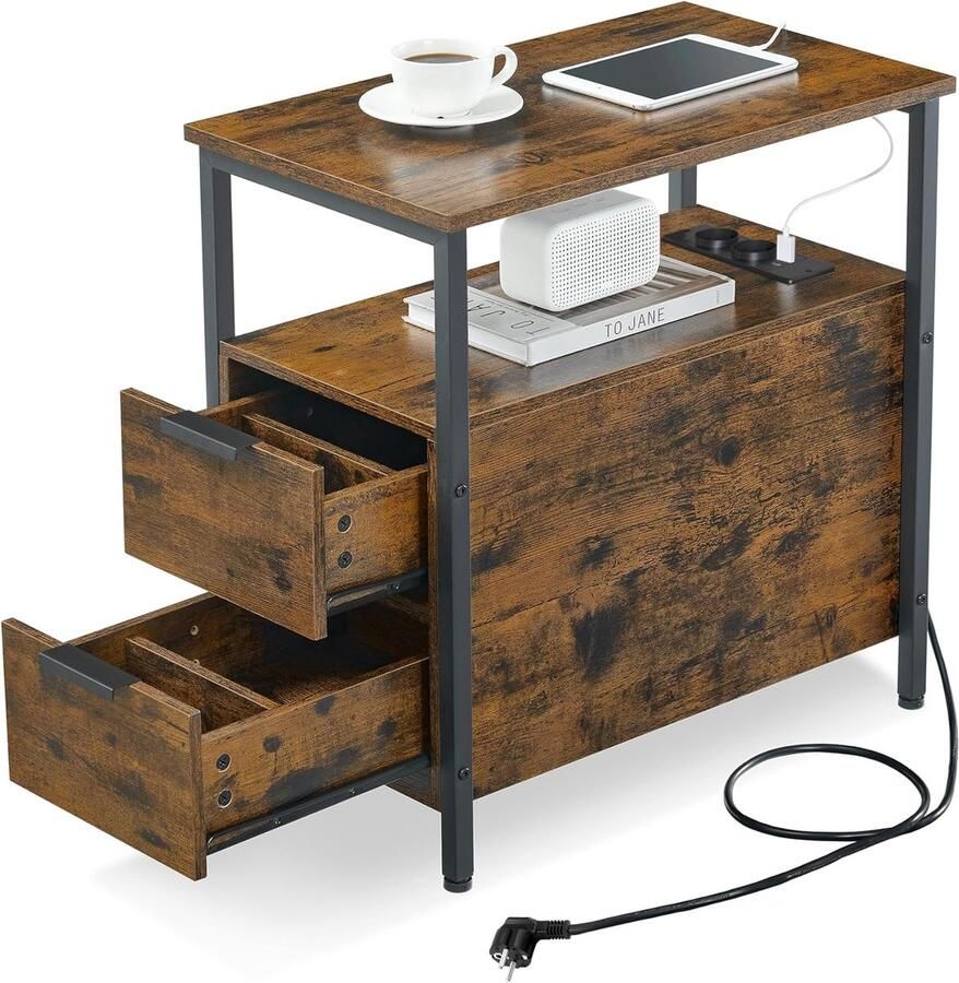 Hoppa! Bijzettafel nachtkastje met stekkerdoos 2 lades banktafel nachtkastje voor woonkamer slaapkamer vintage bruin klassiek zwart LET325B01