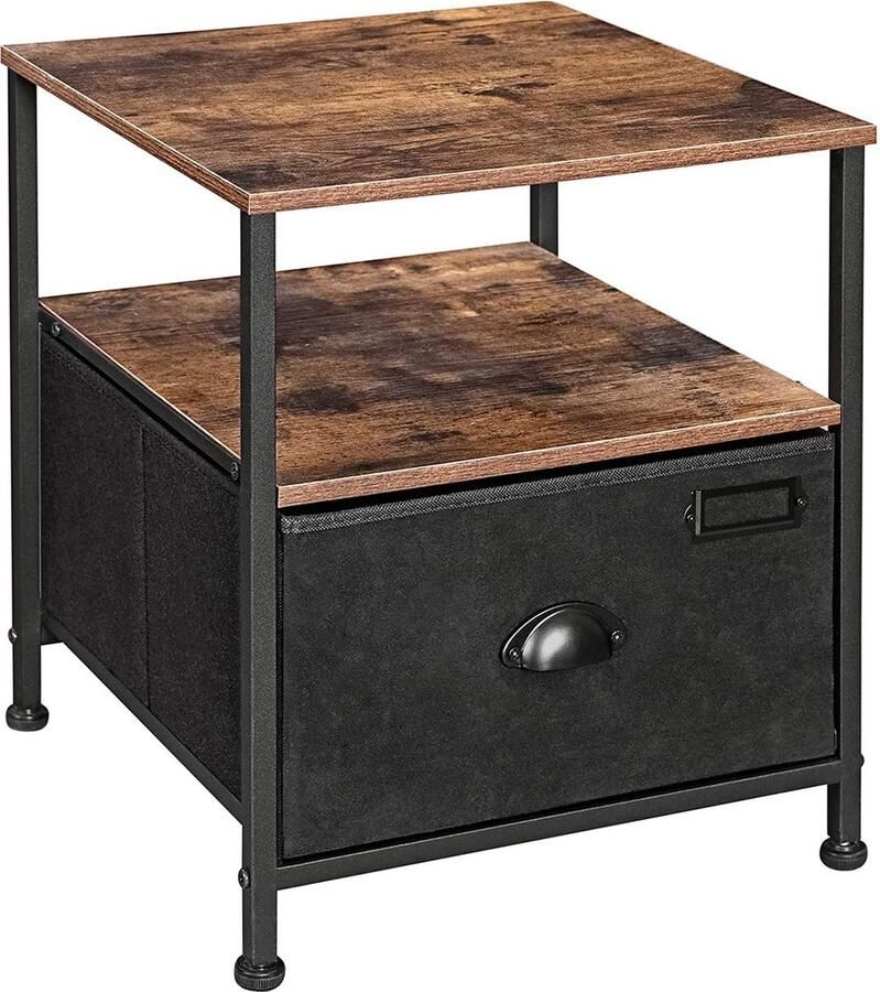 Hoppa! nachtkastje bijzettafel voor opslag met lade 2 planken industriële stijl voor woonkamer slaapkamer vintage bruinzwart
