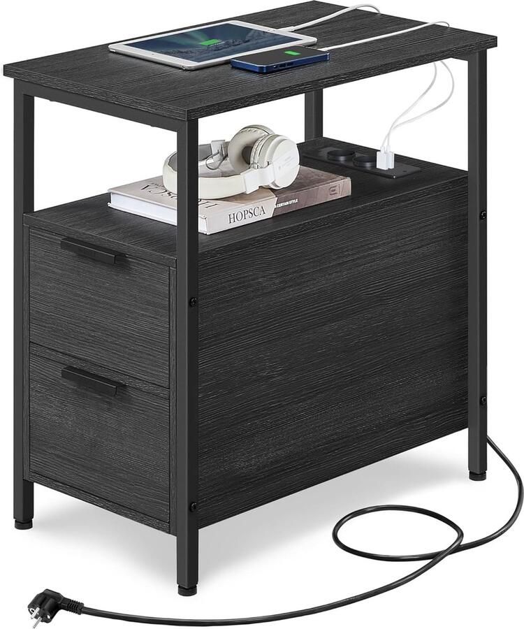 Hoppa! Bijzettafel nachtkastje met stekkerdoos 2 laden salontafel nachtkastje voor woonkamer slaapkamer antracietgrijs klassiek zwart LET325B22 - Foto 2