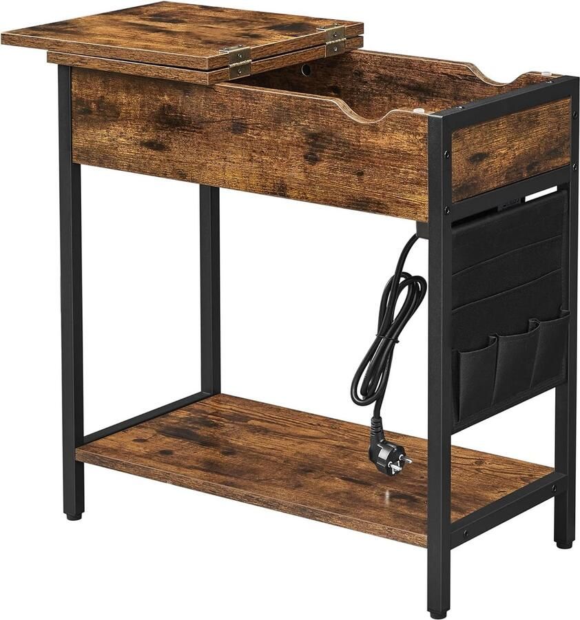 Hoppa! Bijzettafel nachtkastje met stopcontacten inklapbaar tafelblad met plank en stoffen tas vintage bruin-zwart 31 5 x 60 x 60 cm