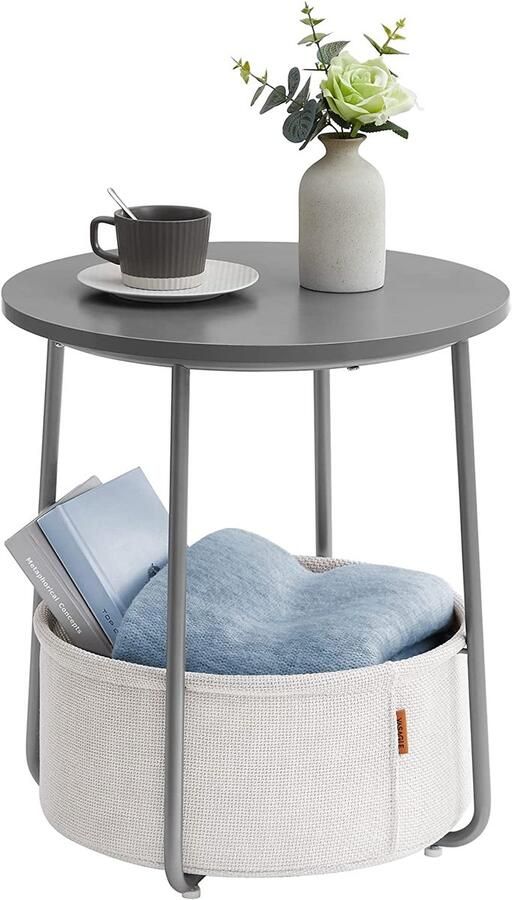 Bijzettafel rond kleine tafel salontafel klein woonkamertafel met stoffen mand opbergruimte voor woonkamer slaapkamer nachtkastje grijs-wolk wit Grijs + troebel wit 45 x 45 x 50 cm
