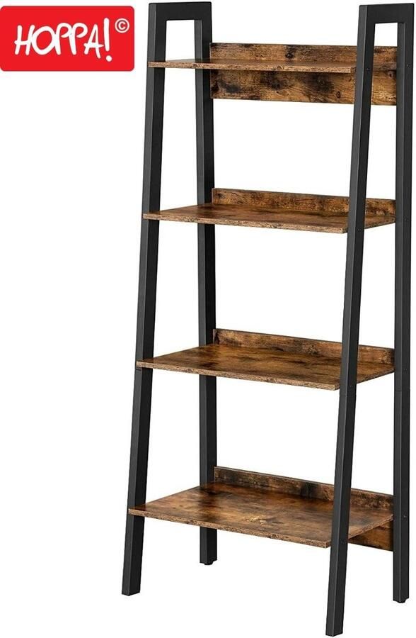 Hoppa! Boekenkast Industrieel Bruin Zwart 4 Niveaus Hout Metaal 56 x 34 x 137.5 cm (B x D x H)