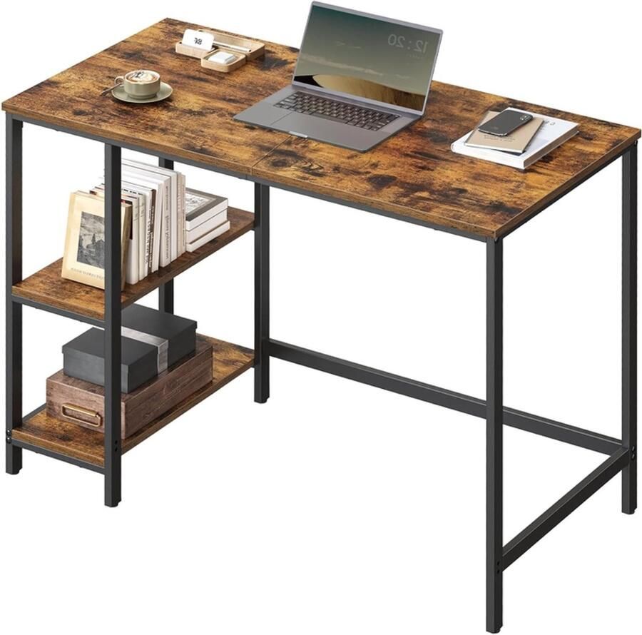 Hoppa! Bureau computertafel pc-tafel bureautafel met 2 legplanken rechts of links 100 x 50 x 75 cm voor kantoor woonkamer stalen frame industrieel ontwerp vintage bruin-zwart