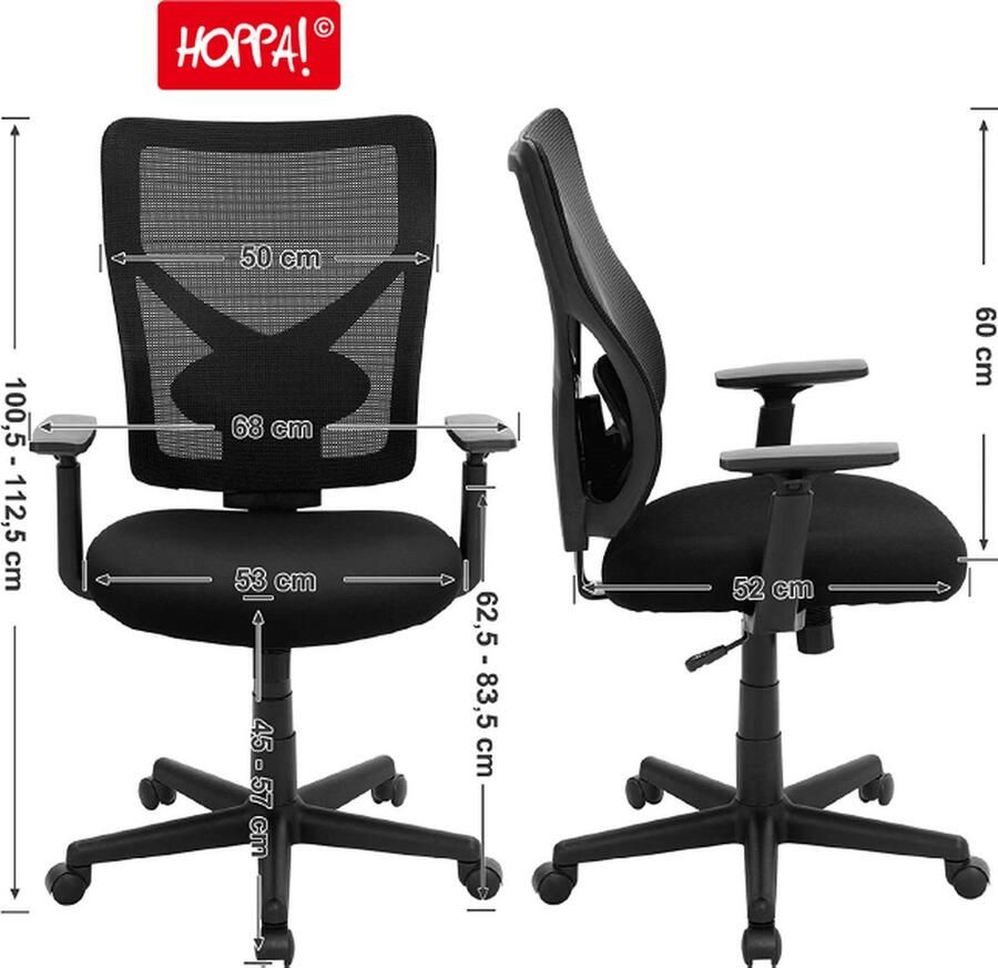 Hoppa! Bureaustoel ergonomische computerstoel met kantelmechanisme verstelbare armleuningen belastbaar tot 120 kg zwart
