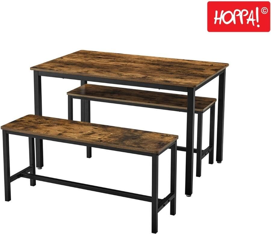 Hoppa! Eettafel keukentafel set 110 x 70 x 75 cm met 2 banken elk 97 x 30 x 50 cm metalen frame voor keuken woonkamer eetkamer industrieel ontwerp vintage bruin-zwart