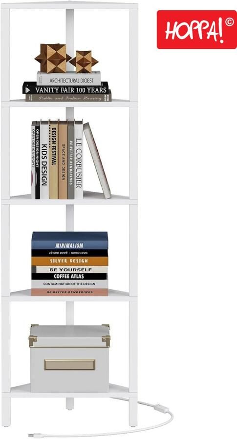 Hoppa! Hoekkast met LED-licht 6-laags boekenkast voor kleine ruimte wit 148 x 26 x 26 cm (HxBxD)