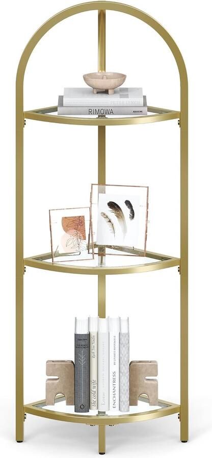 Hoppa! Hoekplankstandaard kleine badkameropslagorganisator 3-laags gehard glazen plank toiletpapierstandaard plantenstandaard slaapkamer woonkamer decor metalen frame modern metallic gouden LGT811A01