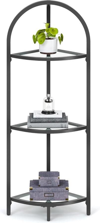 Hoppa! Songmics Hoekplankstandaard kleine badkameropslagorganisator 3-laags gehard glazen plank toiletpapierstandaard plantenstandaard slaapkamer woonkamer decor metalen frame modern klassiek zwart LGT811B61