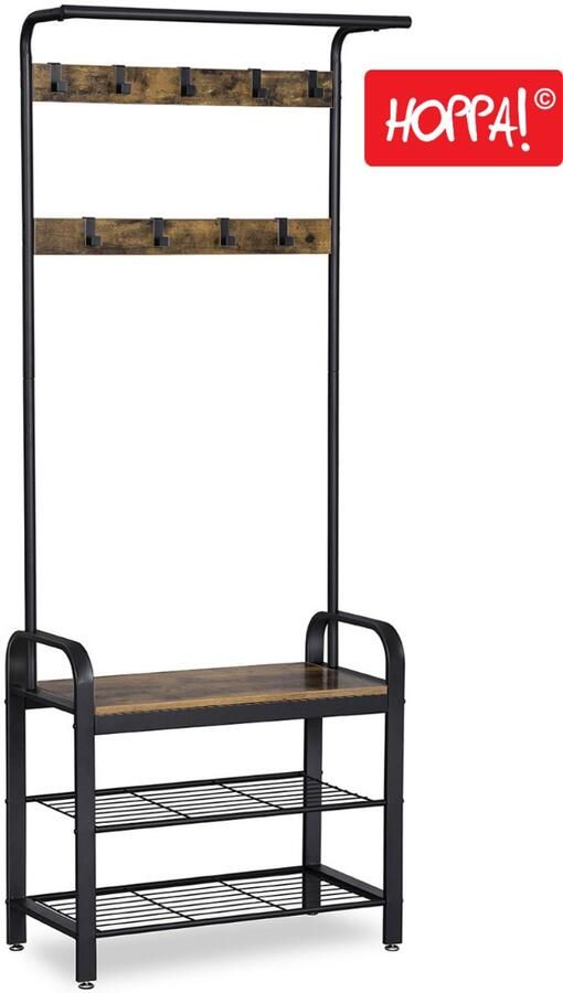 Hoppa! Kapstok Garderoberek Staand Schoenenrek Industrieel Vintage Hout Metaal Design 9 Haken 72x34x183 cm (BxDxH)