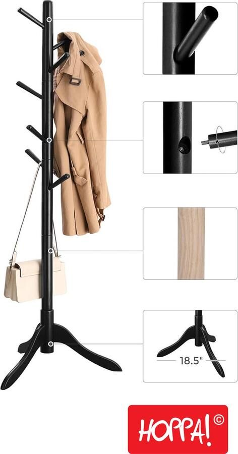 Hoppa! kapstok massief houten kledingrek vrijstaande boomvormige kapstok met 8 haken voor jassen hoeden tassen entree hal rubberhout zwart