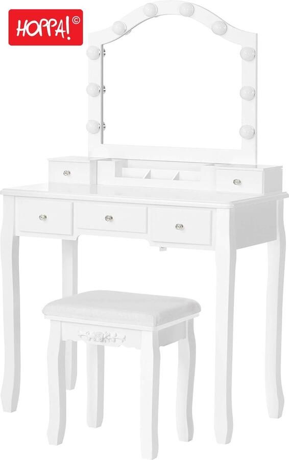 Hoppa! Kaptafel met kruk 5 lades wit hout 81 x 140 x 41 cm (BxHxD)