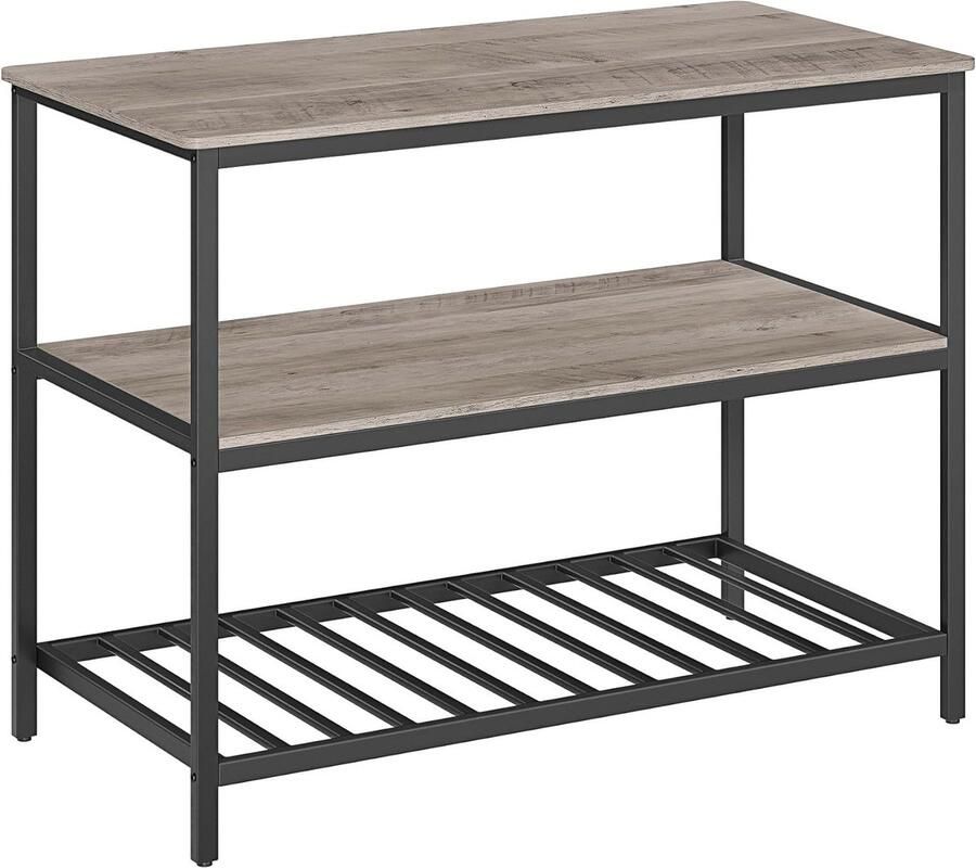 Hoppa! Keukeneiland met groot werkblad keukenrek met 3 niveaus stalen frame industriële stijl eenvoudig te monteren grijs en zwart 120x60x90 cm (BxDxH)