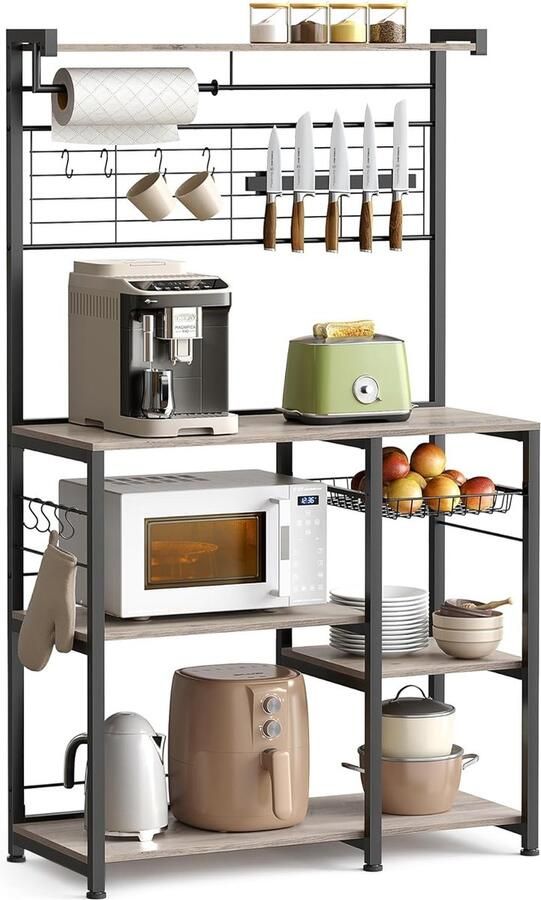 Hoppa! Keukenrek staande plank keukenwerkblad keukeneiland met magneetstrip voor messen draadmand keukenrolhouder 12 haken greige-zwart 90x42x167 cm (BxDxH)