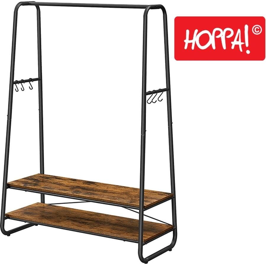 Songmics Hoppa! kledingrek kapstok garderobe 2 legplanken 6 haken in S-vorm stalen frame voor slaapkamer hal entree industrieel ontwerp vintage bruin-zwart