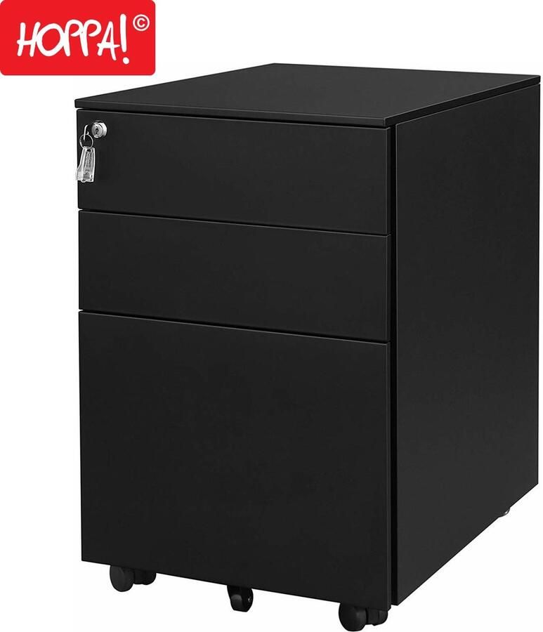 Hoppa! Ladeblok Rolcontainer Nachtkastje Op Wielen Verrijdbare archiefkast Zwart Staal 39 x 45 x 55 cm (B x D x H)