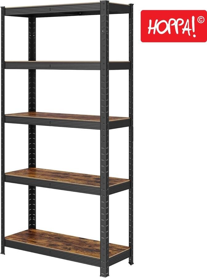 Hoppa! Magazijnstelling Opbergrek stellingkast werkplaatskast 75x150x30 cm (BxHxD) belastbaar tot 400 kg 5 verstelbare legplanken metalen legplank zonder bouten zwaar rek kelderrek voor zwaar gebruik Bruin