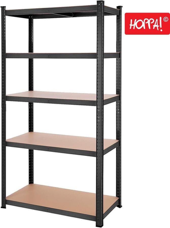 Hoppa! Magazijnstelling Opbergrek stellingkast werkplaatskast 90x40x180 cm (BxDxH) belastbaar tot 875 kg (175 kg per plank) 5 verstelbare legplanken metalen legplank zonder bouten zwaar rek kelderrek voor zwaar gebruik Zwart - Foto 2