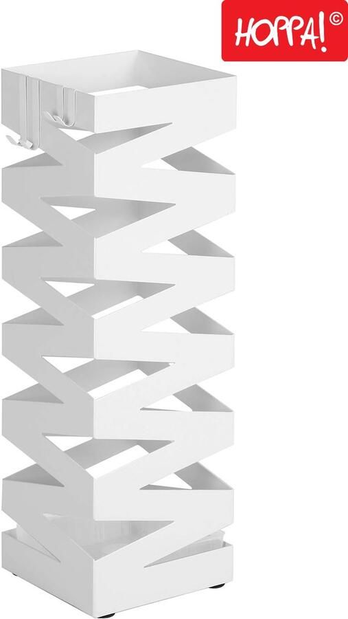 Hoppa! Metalen Paraplubak Met Lekbak en Haken Wit Metaal 15 5 x 15 5 x 49 cm (B x D x H)