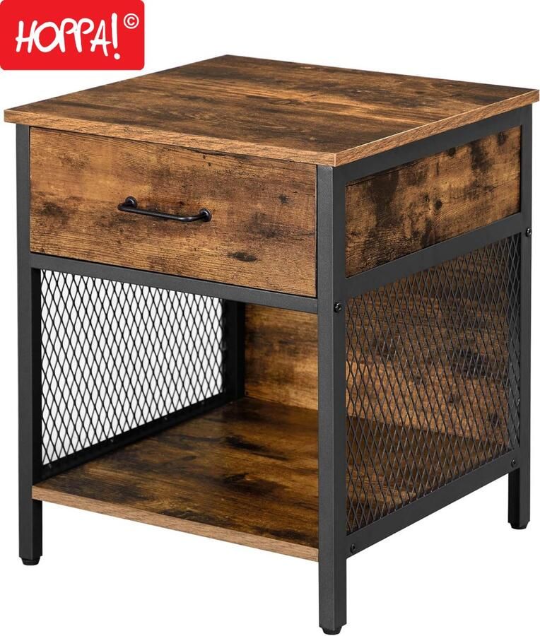 Hoppa! Nachtkastje Bijzettafel met 1 Lade Bruin Zwart Spaanplaat Staal 45 x 45 x 55 cm