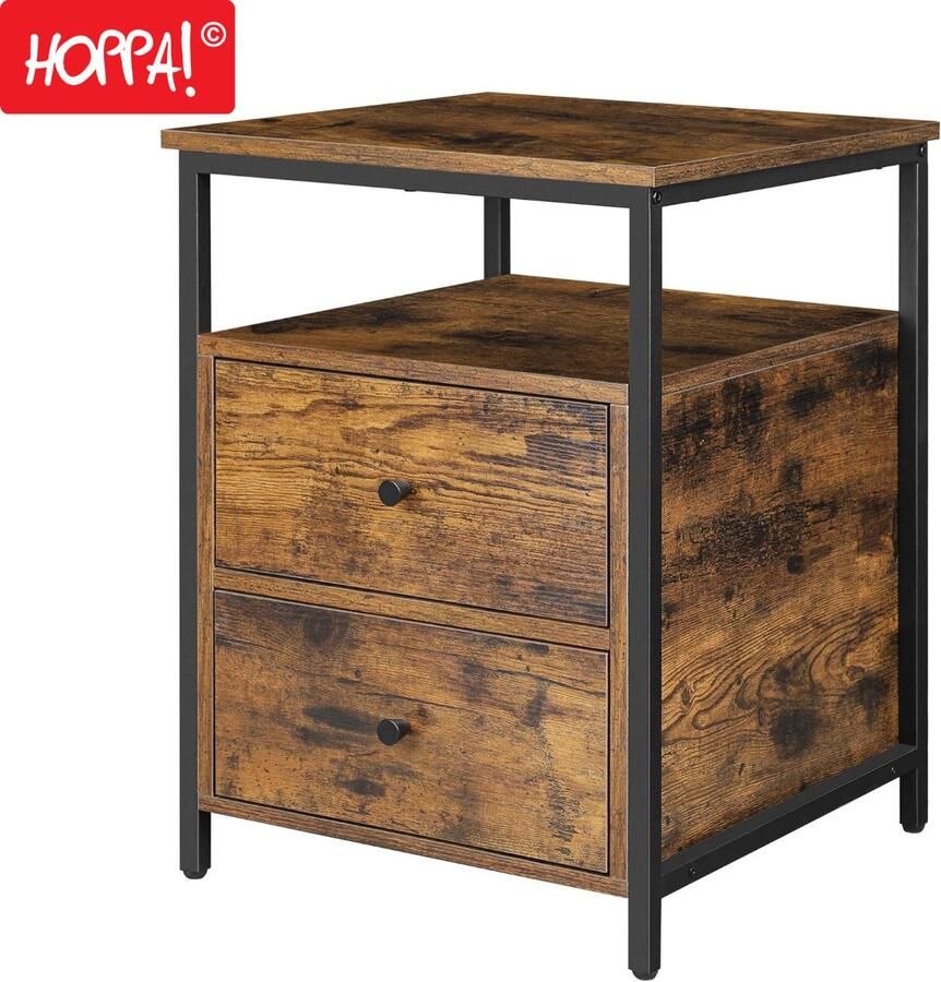 Hoppa! Nachtkastje Met 2 Laden en Open Compartiment Bruin Spaanplaat Staal 45 x 45 x 60 cm (B x D x H)
