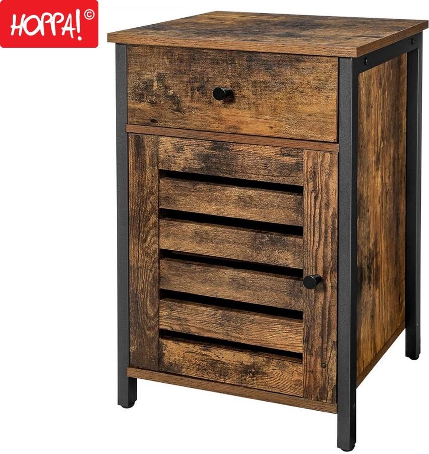 Hoppa! Bijzettafel Nachtkastje Met Lade en Deurtje Bruin Zwart Spaanplaat Staal 40 x 40 x 60 cm (B x D x H)