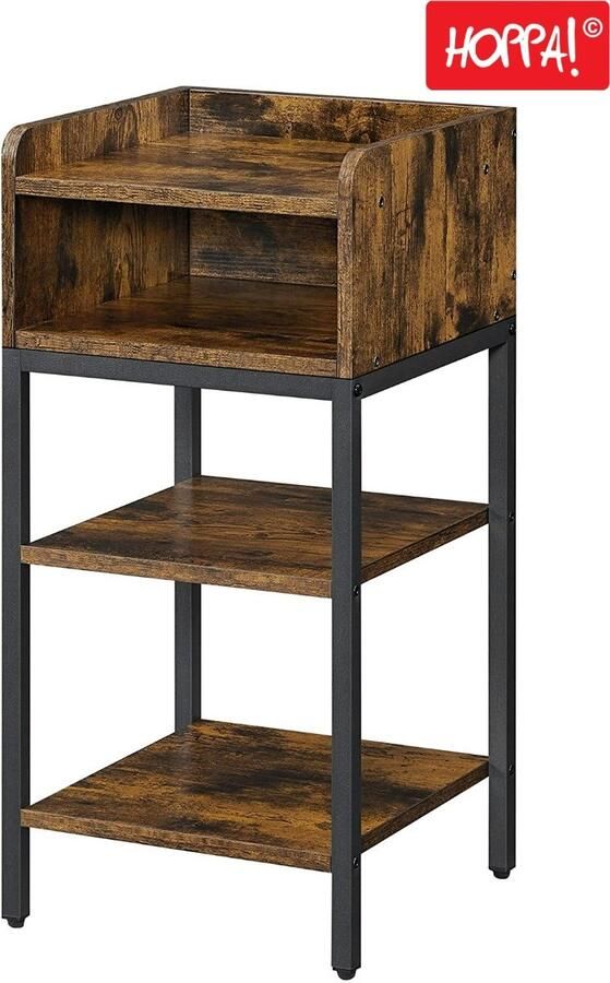 Hoppa! nachtkastje hoog met open vak en 2 legplanken voor slaapkamer ruimtebesparend industrieel ontwerp 35 x 35 x 70 cm vintage bruin-zwart