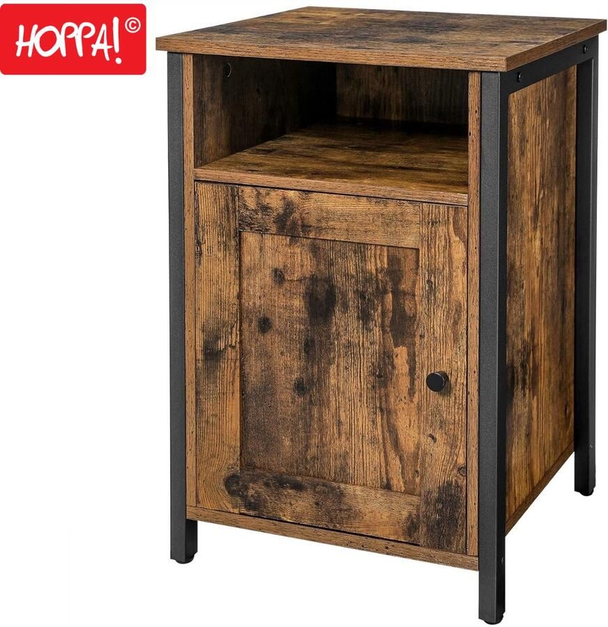 Hoppa! Nachtkastje met open vak plankje en deurtje – Bruin – van houten spaanplaat en staal 41 x 41 x 61 cm (B x D x H)