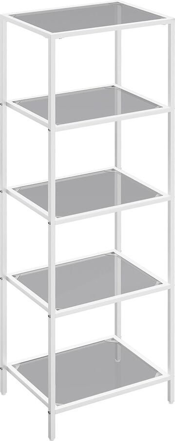 Hoppa! opbergrek met glazen planken 5 niveaus boekenplank boekenkast gehard glas 40x125x30 (BxHxD) parelwit en leigrijs