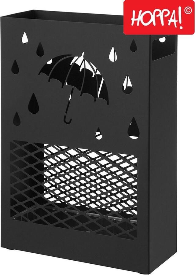 Hoppa! Paraplubak Parapluhouder Paraplustandaard met lekbak Zwart metaal 13 x 29 x 42 cm (B x D x H)