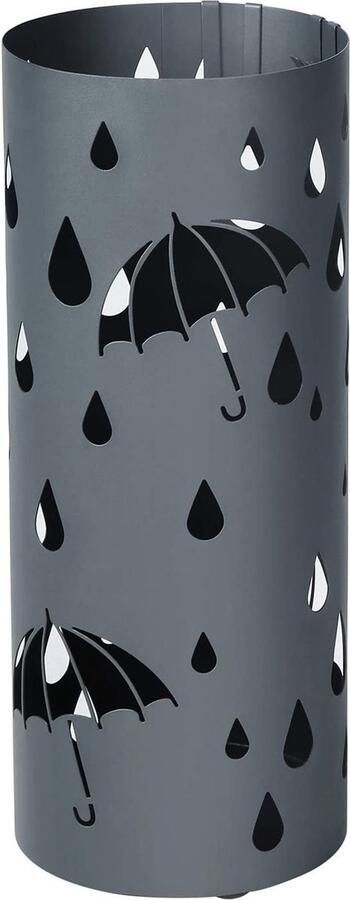 Hoppa! Metalen paraplubak parapluhouder met waterbak en haken 19 5 x 49 cm (Dia. x H) rond mat antracietgrijs