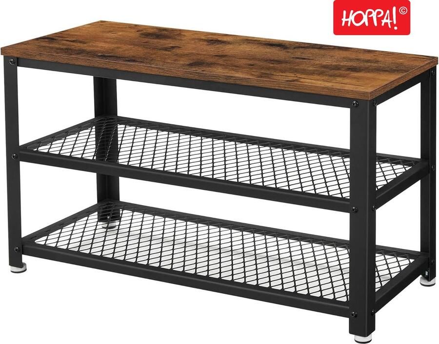 Hoppa! Schoenenbank Schoenenkast Schoenenrek metaal voor zitten Met 3 niveaus voor entree hal woonkamer houtlook vintage bruin-zwart 73 x 30 x 45 cm