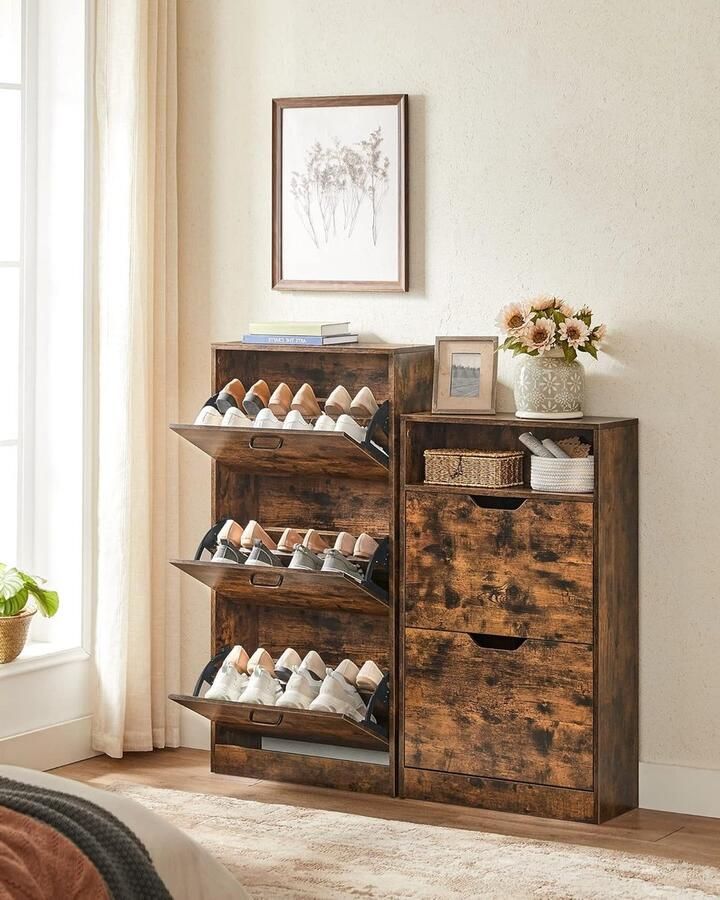 Hoppa! Schoenenkast met 2 kleppen Schoenenrek met een Open Rek Melaminefineer Gemakkelijk te reinigen 60 x 24 x 102 cm Rustiek Bruin