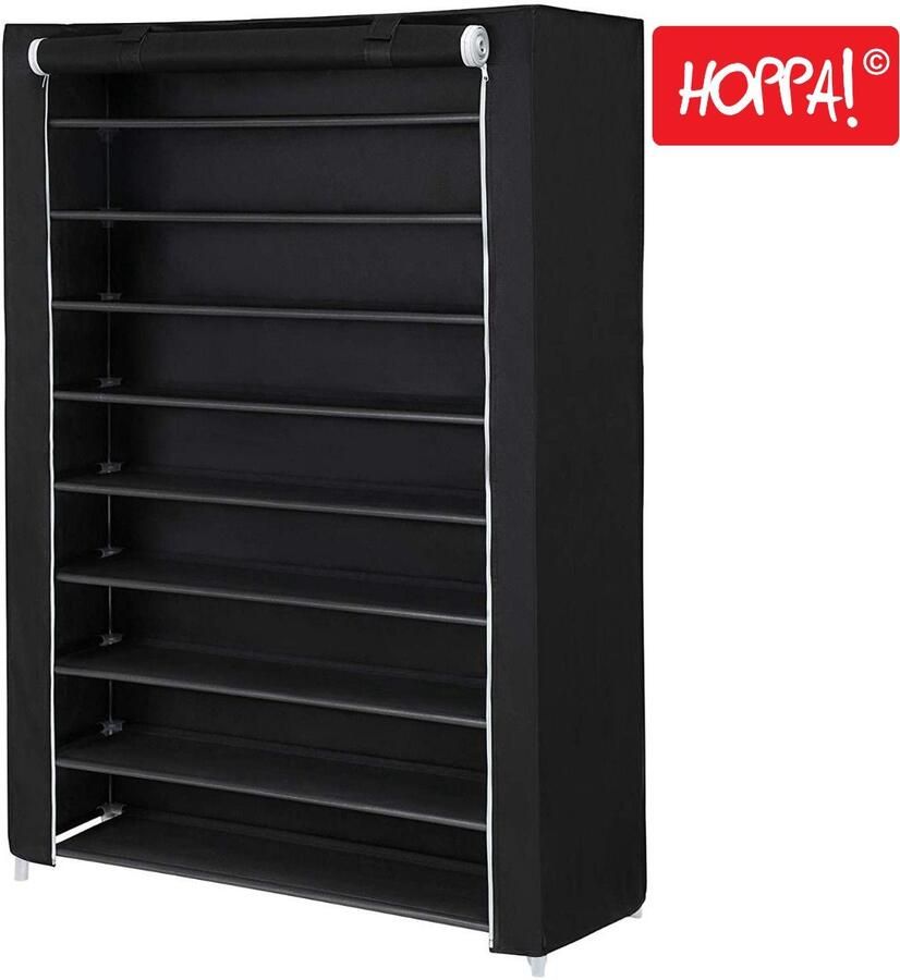 Hoppa! Schoenenrek Schoenenkast met 10 Niveaus – voor 54 Paar Schoenen – Afsluitbaar Schoenenrek 100x162x28cm Zwart Stof