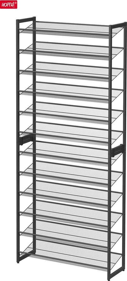 Hoppa! schoenenrek met 12 schappen set van 2 stapelbare 6-staps schoenenrekken voor 48-60 paar schoenen metaal verstelbare rasterplanken plat of schuin te monteren zwart