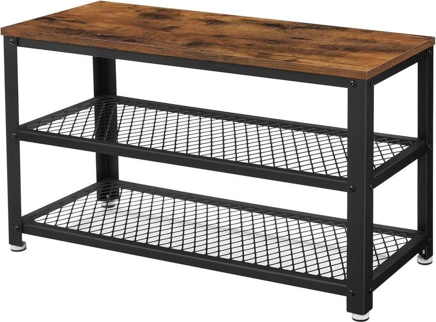 Hoppa! Schoenenbank Schoenenkast Schoenenrek metaal voor zitten Met 3 niveaus voor entree hal woonkamer houtlook vintage bruin-zwart 73 x 30 x 45 cm - Foto 2