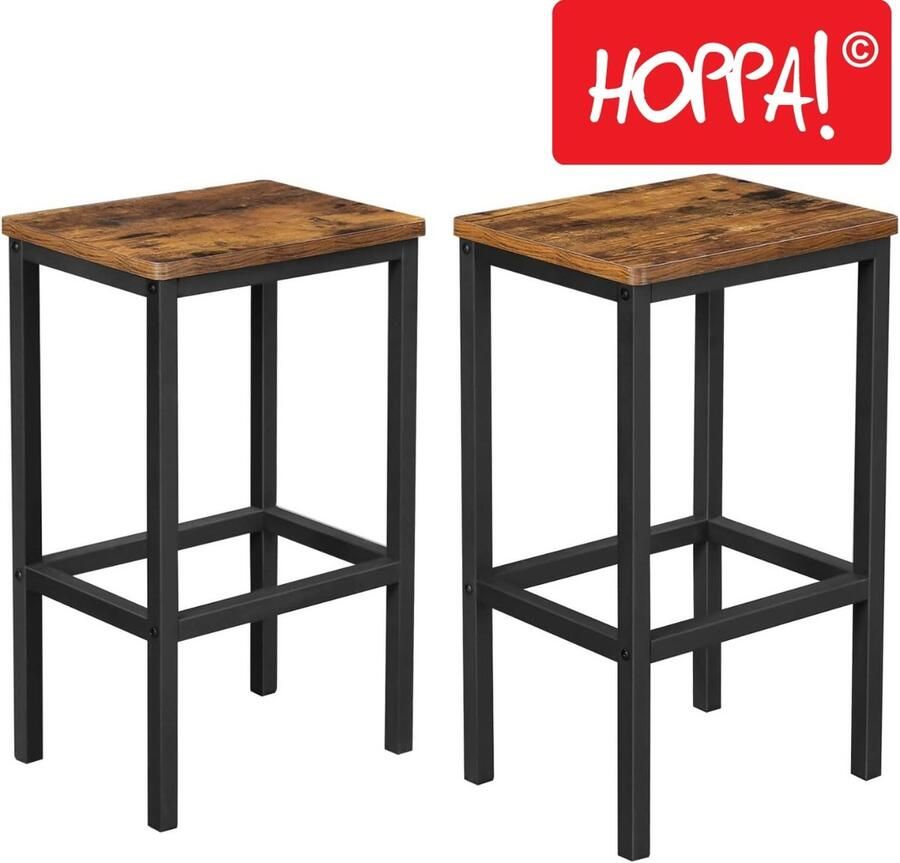 Hoppa! Set van 2 Barkrukken Industrieel Design Bruin & Zwart 40 x 30 x 65 cm (L x D x H)