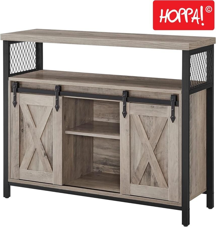 Hoppa! Sideboard keukenkastje opbergkastje met 2 schuifdeuren verstelbare plank industrieel voor woonkamer grijs-zwart