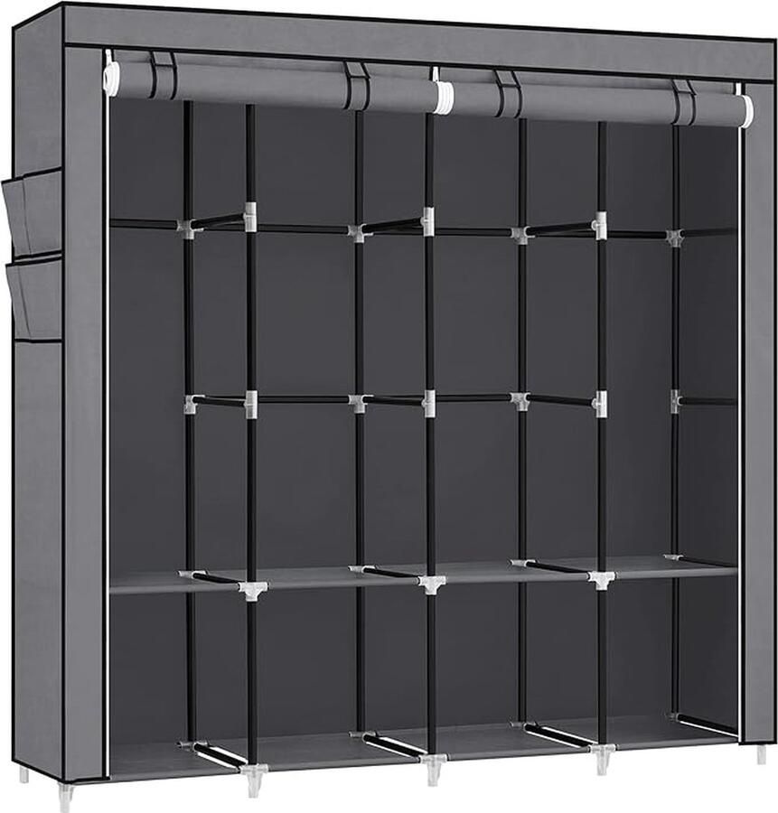 Hoppa! Stoffen kledingkast 45 x 170 x 167 cm 4 hangvakken met legplanken 4 zijvakken veel ruimte voor slaapkamer woonkamer grijs