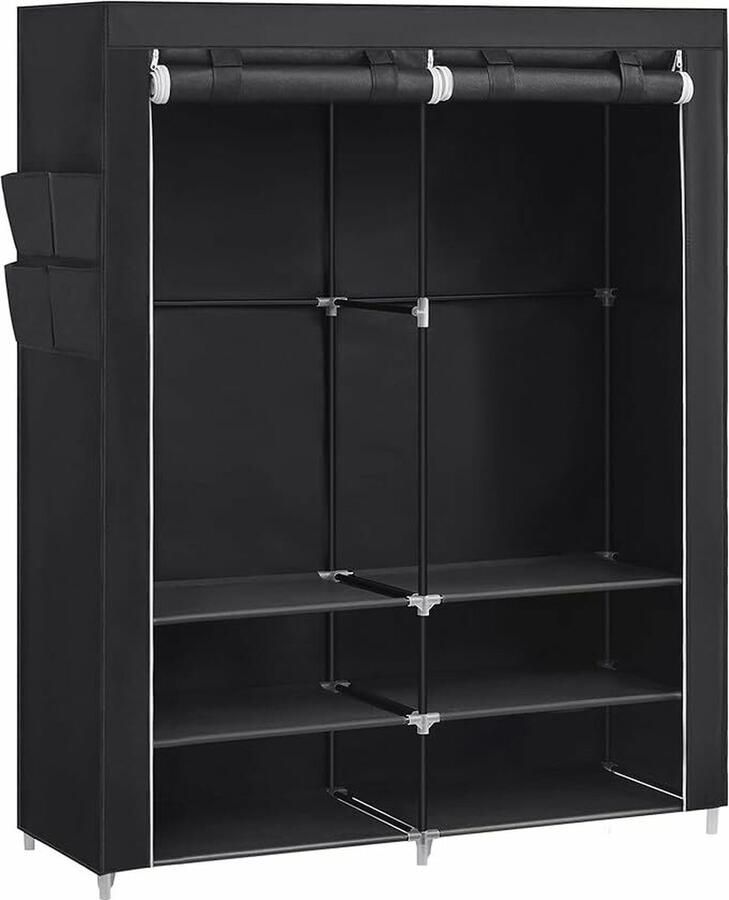 Hoppa! Stoffen kleerkast 45 x 127 x 176 cm 2 hangvakken met legplanken 4 zijvakken veel ruimte voor slaapkamer woonkamer zwart