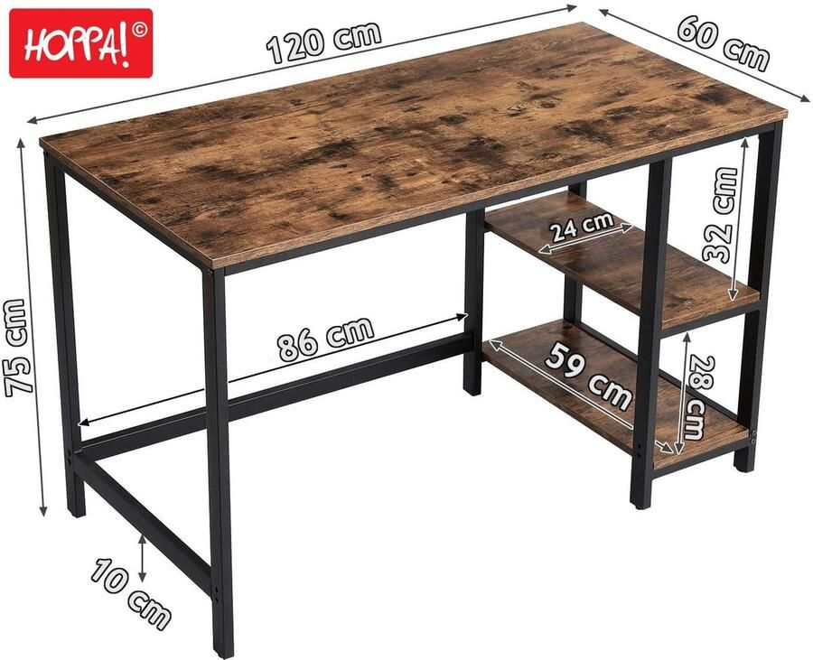 Hoppa! Tafel Computer bureau PC-bureau Kantoorbureau Bruin Zwart Hout 120 x 59 x 75 cm (B x D x H) - Foto 2
